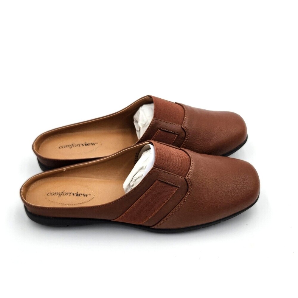 Comfortview Womens Shoes 9M Brown Faux Leather Mules Slip Ons NEW
